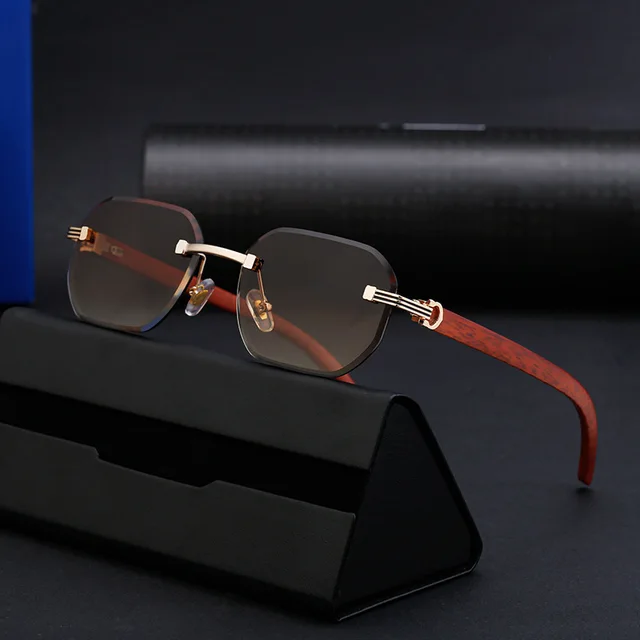 New Retro Frameless Woodgrain Men Sunglasses INS Trendy Women's Diamond Cut Edge Anti Blue Light Glasses Literary Business Frame