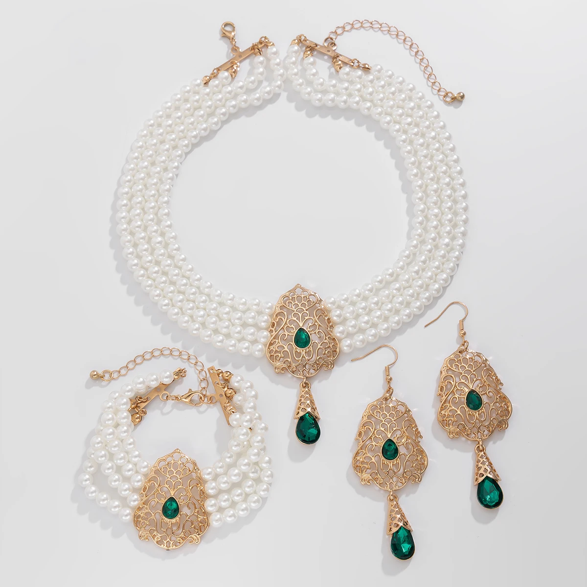 Elegant Imitated Pearl with Multi Color Crystal Choker Necklace Bracelet Earrings Set for Women Trendy Charms Wedding Jewelry