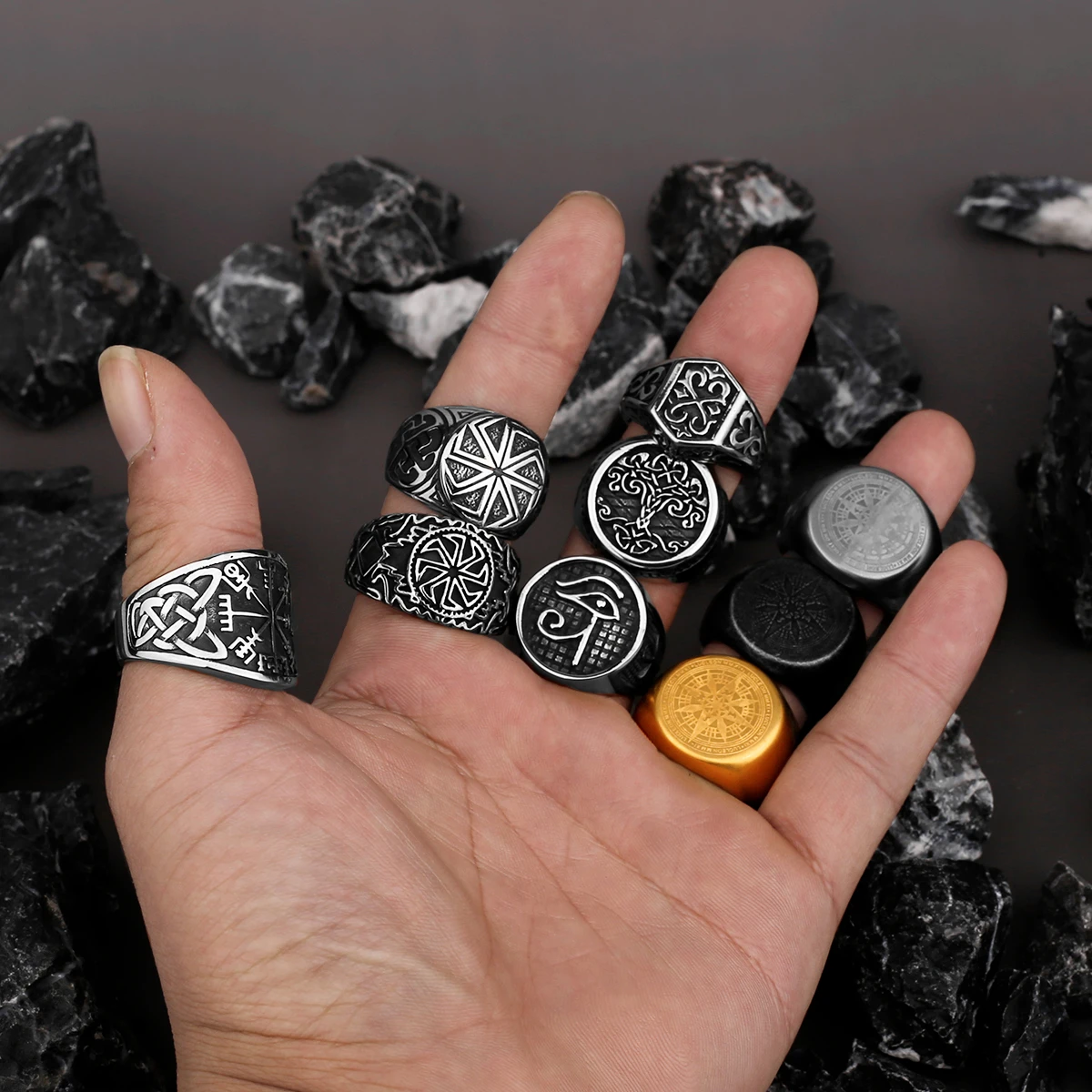 Stainless Steel Compass Tree of Life Viking Rune Wolf Ring Factory Wholesale Fine Jewelry for Men and Women