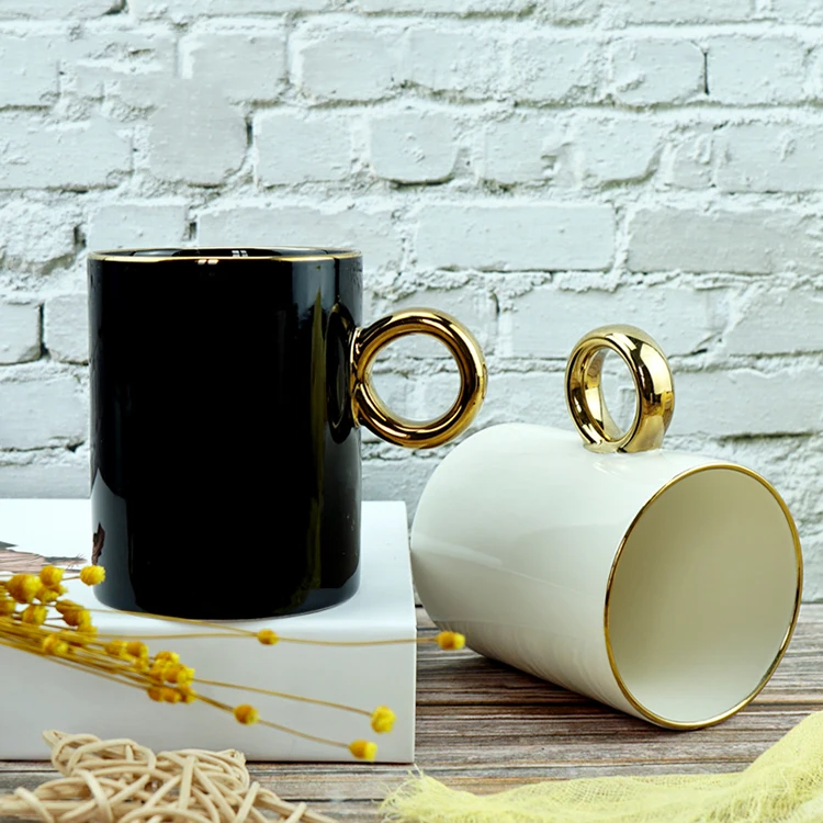 Glossy black 11oz  custom gold logo  ceramic mug  custom real gold Handle