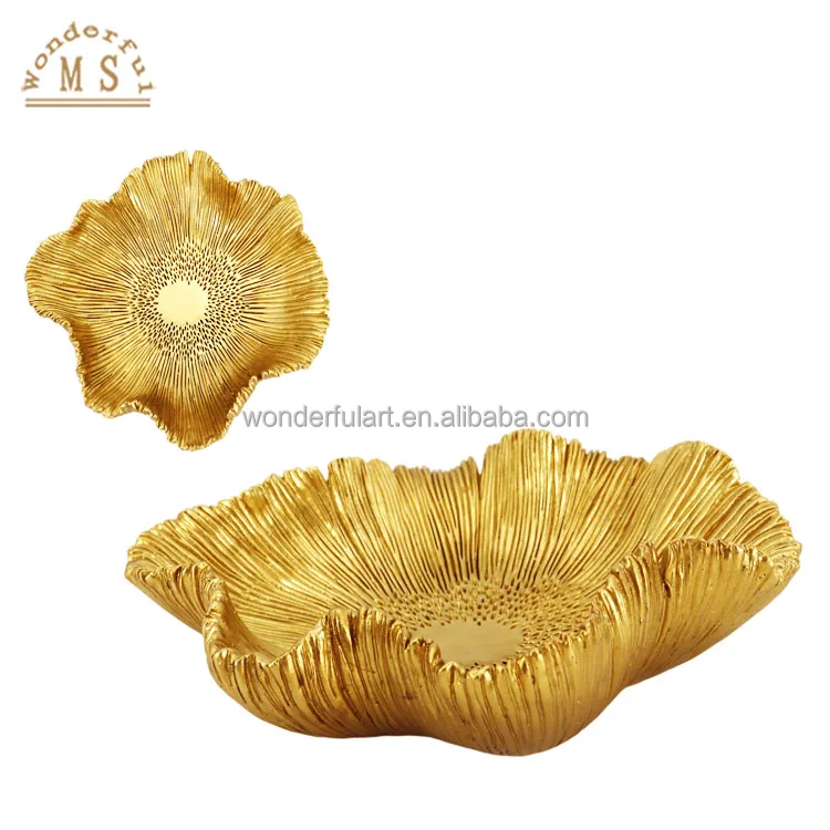 Oem Golden Resin Lotus flowers leaf dish Shape Holders 3d tray candy Kitchenware brass poly stone plate Tableware bowls