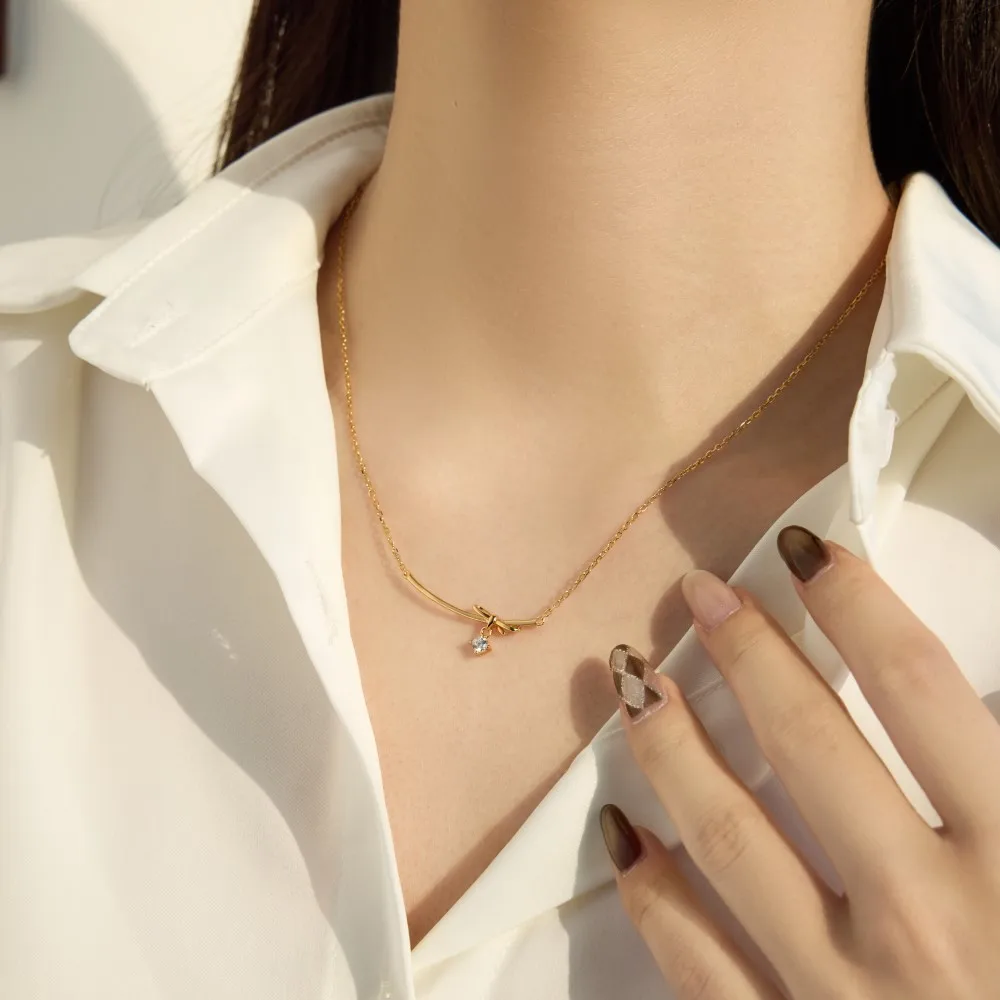 KAKODIY Simple Design Elegant Jewelry 925 Sterling Silver Chain Geometric Line Bar Bow 5A Zirconia Pendant Necklace detail 7