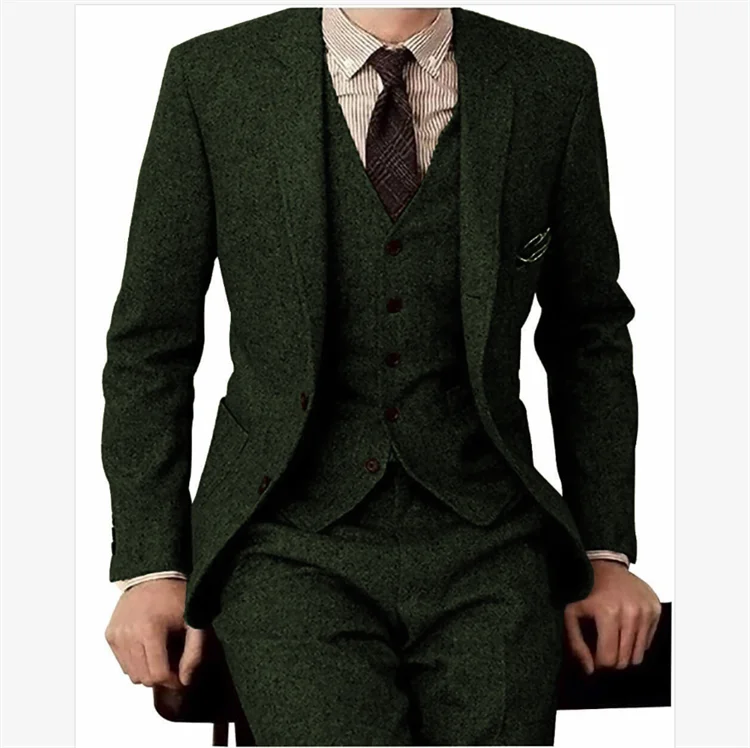 Herringbone Tweed Men Slim Fit Suits Winter Wool Fashion Groom Tuxedos New Design Blazer Vest Pants Men 3 Piece Suits