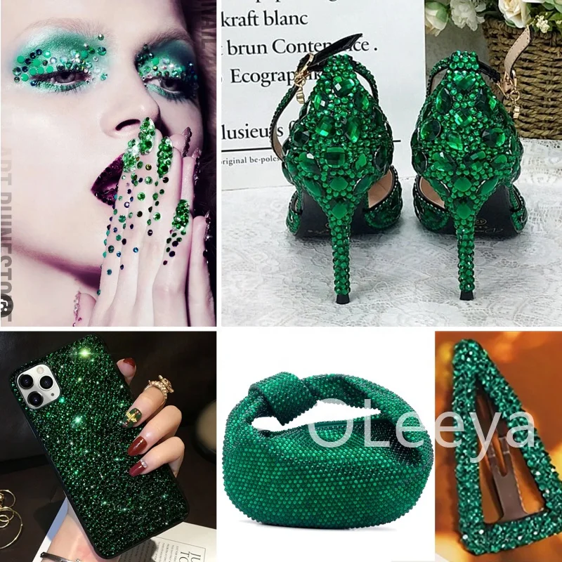 OLeeya Wholesale Flat Back Crystal Glass SS6-SS30 Green Luxe Rhinestone Colors Non Hot Fix Glass Crystal for Nail Decoration DIY