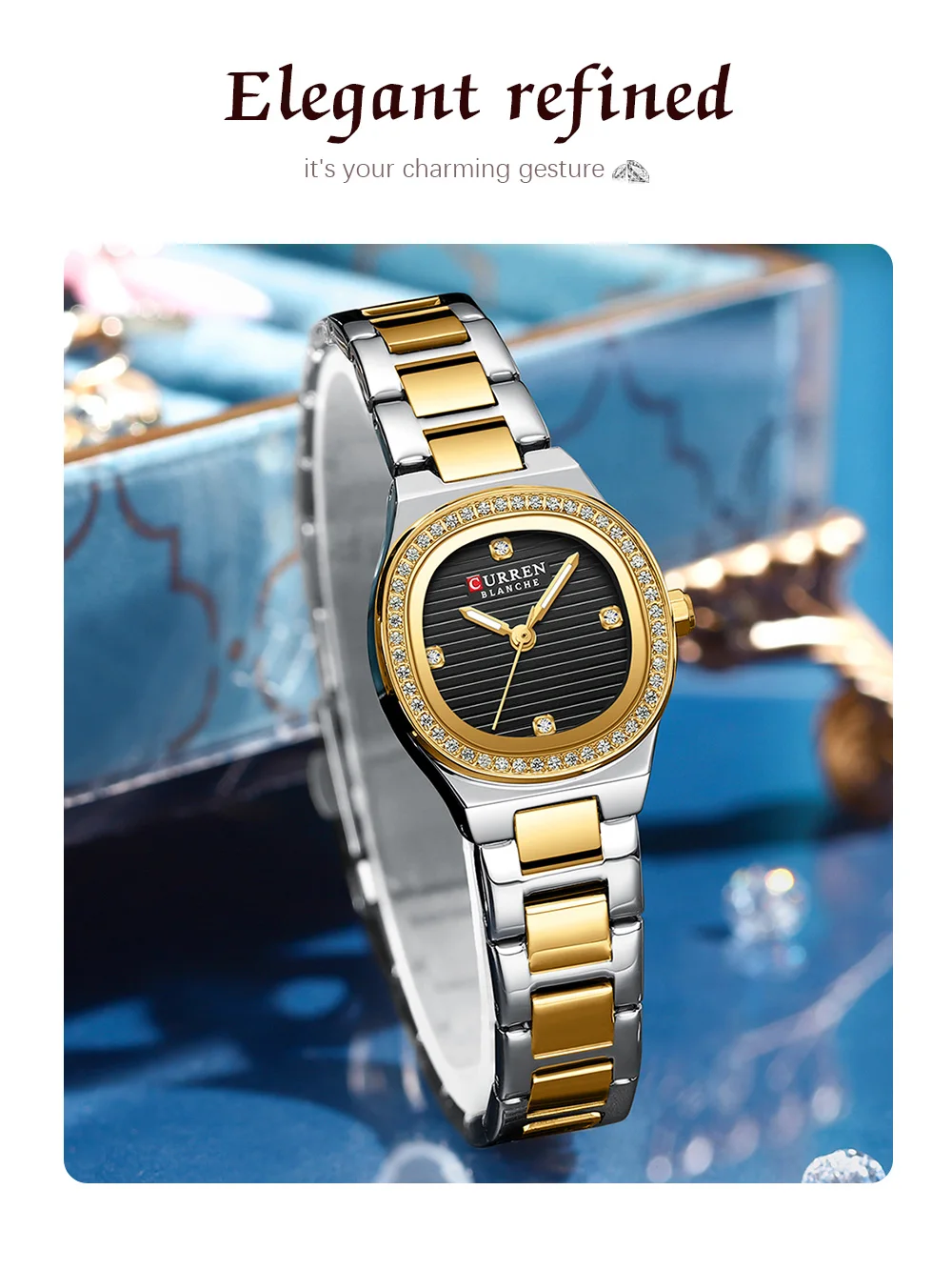 Curren 9101 Square Small Dial Luminous Hands Luxury Diamond Waterproof Stainless Steel Beauty Style Original Watch for Women
