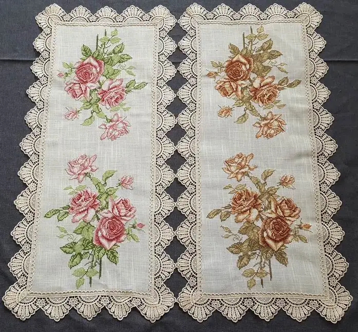 Rose Embroidery Cross STITCH TABLE RUNNER with Cutwork