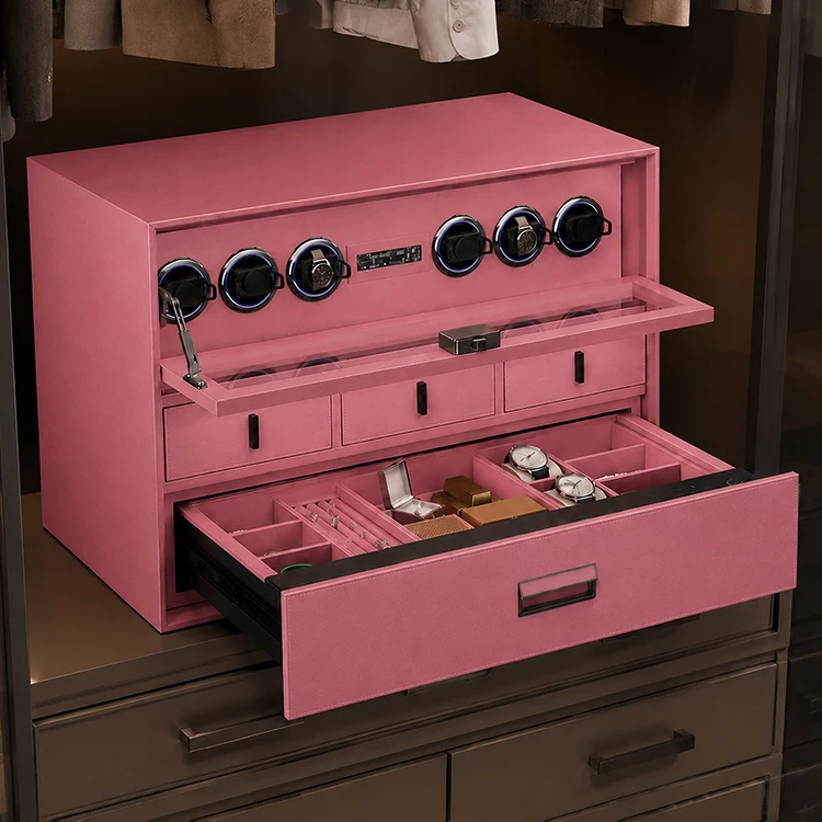 CEQSAFE Japan Mabuchi Motor Modern Style Leather 6 Slots Pink Color Watch Winder Jewelry Organizer Drawer Cabinet Wardrobe