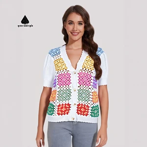 Custom Knit Women's Spring Autumn Cardigan Vintage Crochet Sweater Square Plaid Pattern Casual Style Knit Breathable Sweater