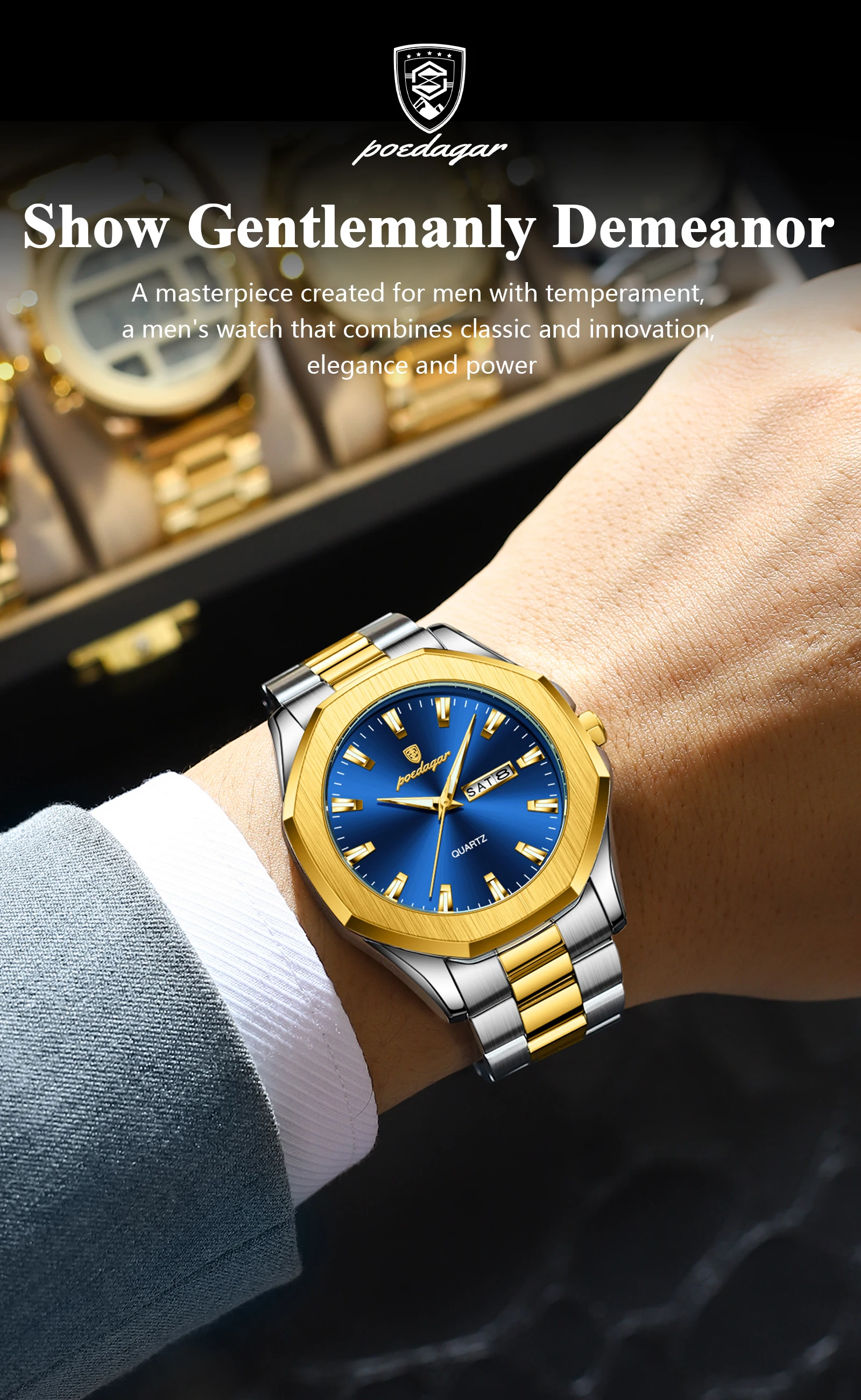 POEDAGAR 875 Men Waterproof Luminous Hands Watch Sport Stainless Steel Wristwatch Original Quartz Men's Dual Calendar Watches