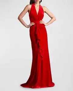 Custom Lady Red Sexy Elegant Slim Sexy Sundress Twist Front and Ruffle Red Party Ball Gown Women Maxi Dress