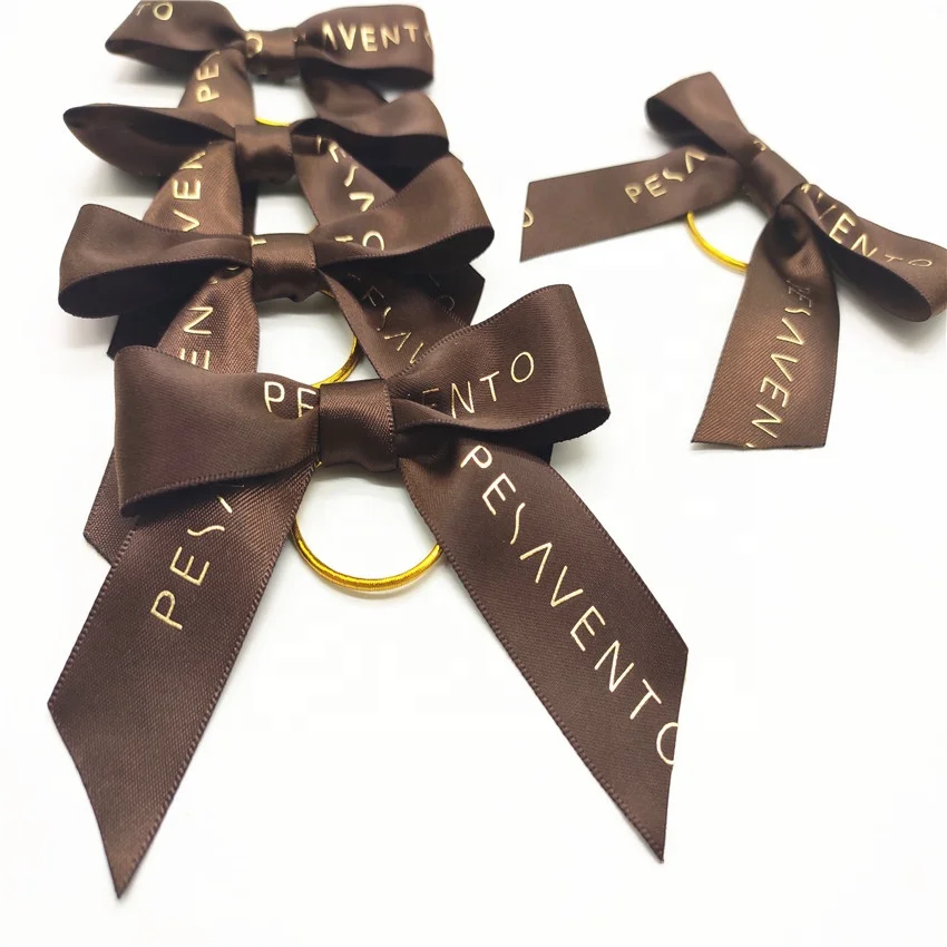 Custom Logo Brown Ribbon Knot Bow with gold loops Hair bow for Girls