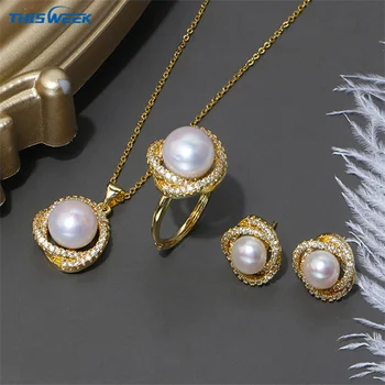 New Design Freshwater Pearl Necklace Ring Earring 3-piece Copper Plated Real Gold Jewelry Set