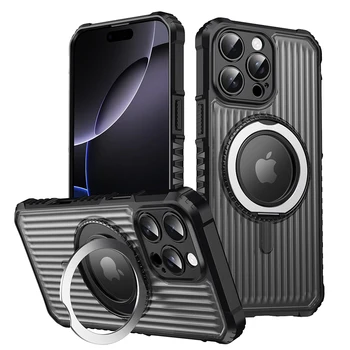 360 Rotating Magnetic Bracket Textured Semitransparent Matte PC with TPU Shockproof Phone case for iphone 16 Pro Max case