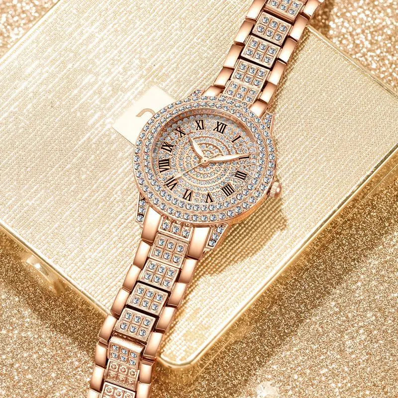 Fashion Female Diamond Wrist Watches Rose Gold Dial Quartz Glass Digital Stainless Steel Watch Alloy Unisex 6mm Round 20cm 60g