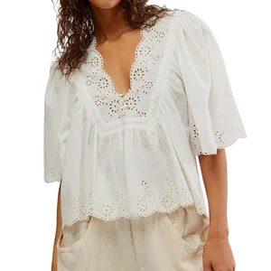 Summer Lady Shirt V-Neck Fluttering Half Sleeves Embroidered Eyelets Casual Tops Women's Blouse