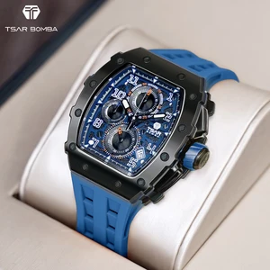 TSAR BOMBA Seiko Stainless Steel Case Mens Quartz Watch Silicone Band 50M Waterproof Chronograph Tonneau Design Fashion Business