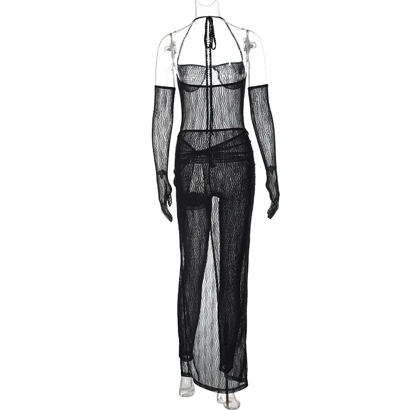 Lagerfe  9948 Haltermesh See Through  Bodysuit Slit Long Skirt Solid Women'S Dresses 2022 Fashion Party Club American Clothing