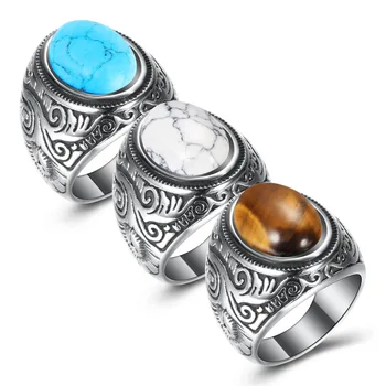 2021 New Retro Design Jewelry for Men Vintage Ring Inlay Turquoise Titanium Steel Men's Ring