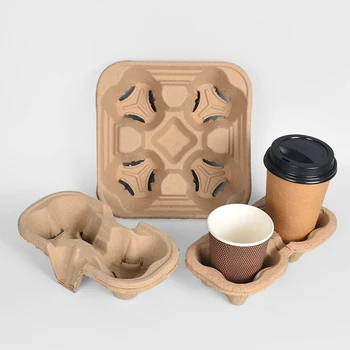 Wholesale Custom paper pulp 2/4 Coffee Cup Hot Drink cup holder tray Carrier Pulp cup holder