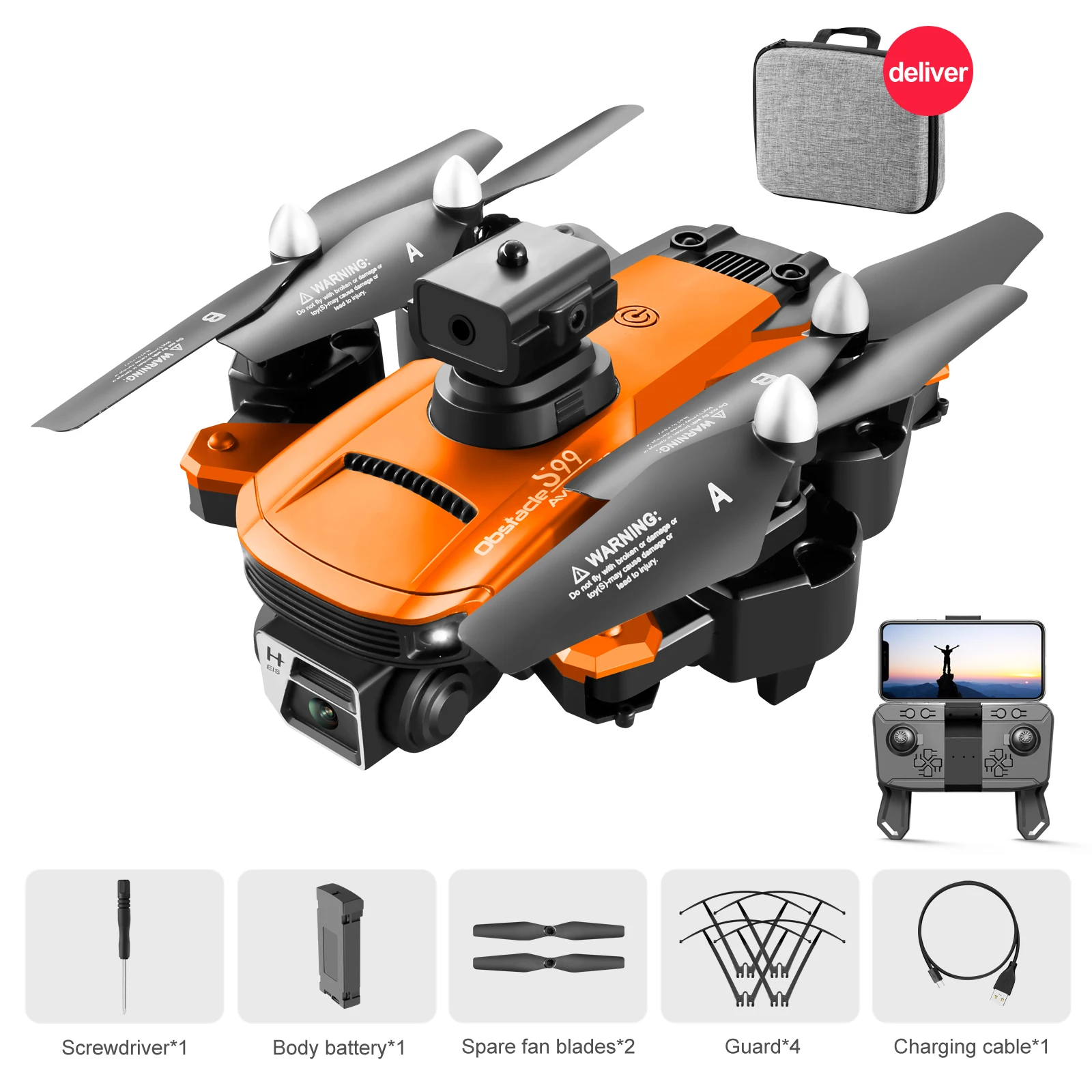 S99 Max RC Drone Dual 4K HD WiFi FPV 2.4GHz 4-Sided Obstacle Avoidance With Light 2 Batteries – Grey