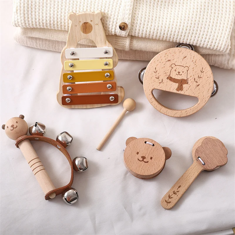 Set of 5 Bear Music Instruments Wood Percussion Piano Combination Educational Toy for Children