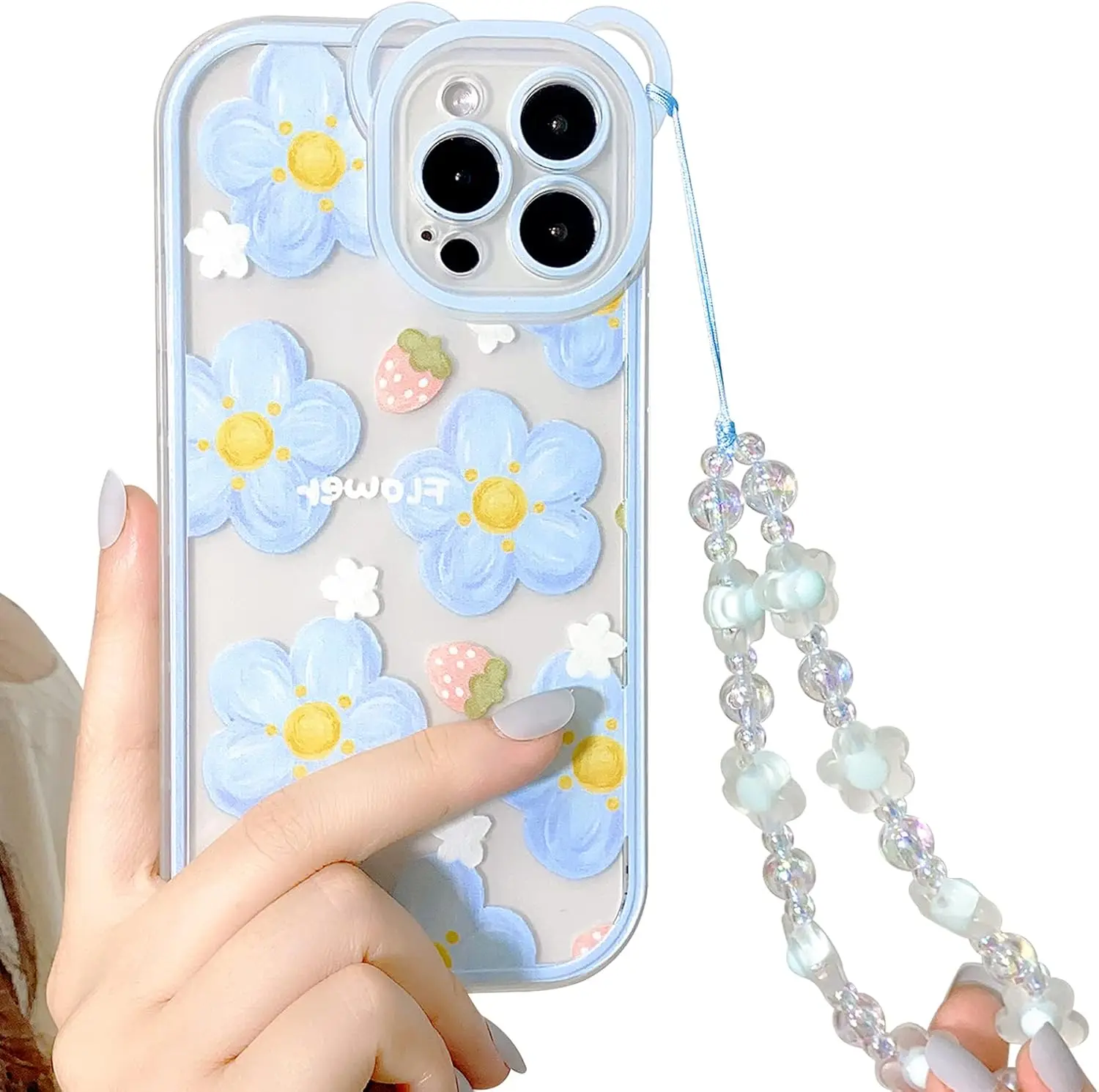 Coque pour iPhone 16 Pro Max coque claire mignonne motif floral ours pour filles femmes avec chaîne lanière sangle de poignet souple TPU  