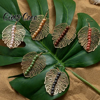 Cring CoCo Vintage Enamel Large Dangle Black pearl Dropship leaf polynesian Jewelry wholesale Flower Hawaiian Earring