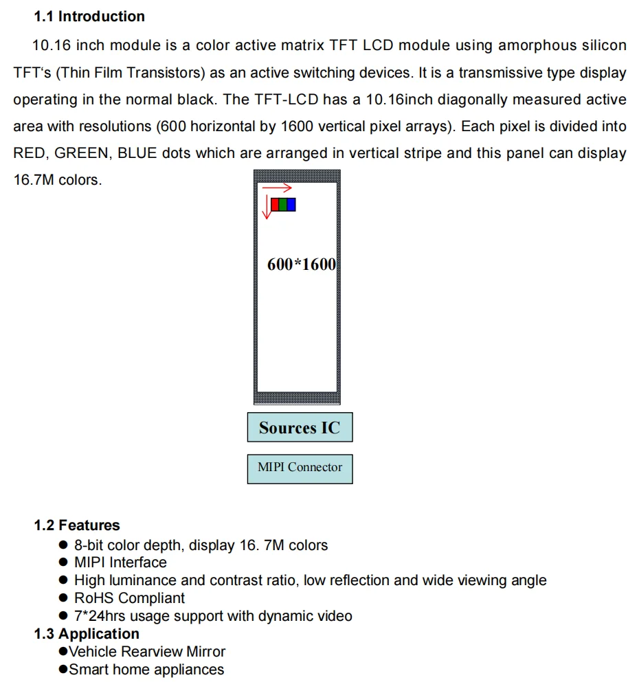 WEITAI 10.16 Inch TFT IPS LCD Module Touch Panel 600x1600 Resolution MIPI Interface 400cd/m Brightness -20C~70C Operating details