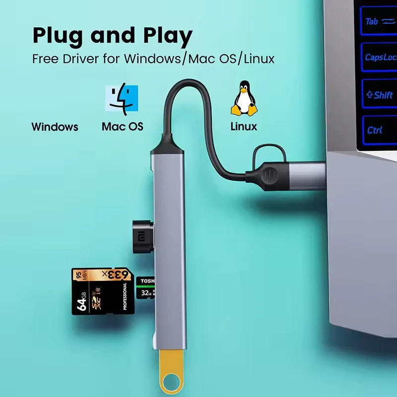 Adapter Type C to Usb 3.0 Tf Sd Card Reader Adapter Type C 5 In1 Usb-C Hub