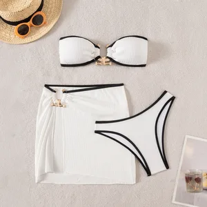 STOCK Knitted 3Pieces Swimwear Women Strapless Bandeau Top Brazilian Bikini and Skirt Set Beach CoverUp S-L