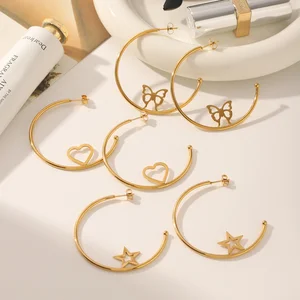 MW 3 Styles 18k Gold Stainless Steel Minimalist Earrings C-shaped Butterfly Hollow Pentagram Heart Non Tarnish Earrings Jewelry