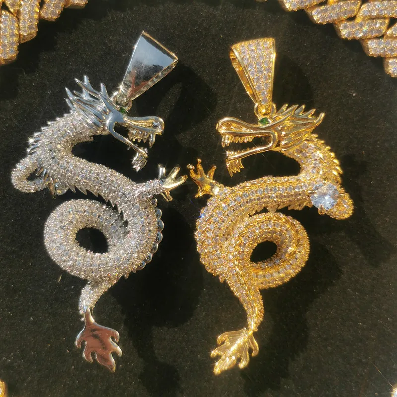 Lucky Symbol Hip Hop Micro Paved CZ Stone Bling Iced Out Oriental Dragon Shenlong Pendants Necklaces for Men Rapper Jewelry