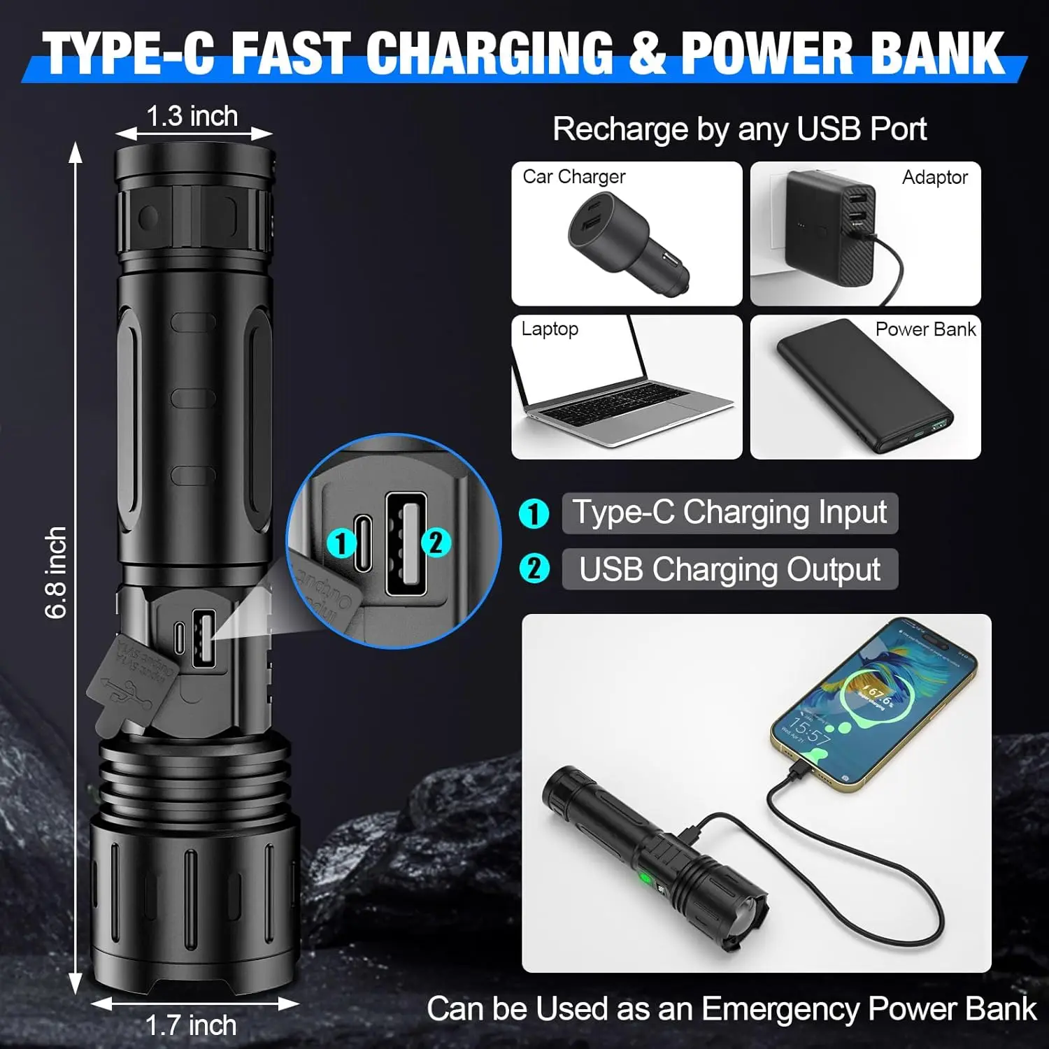 Super Powerful 15000Mh LED Rechargeable Tactical Emergency Spotlight Flashlight Long Range USB Charging Waterproof IP65 Rating