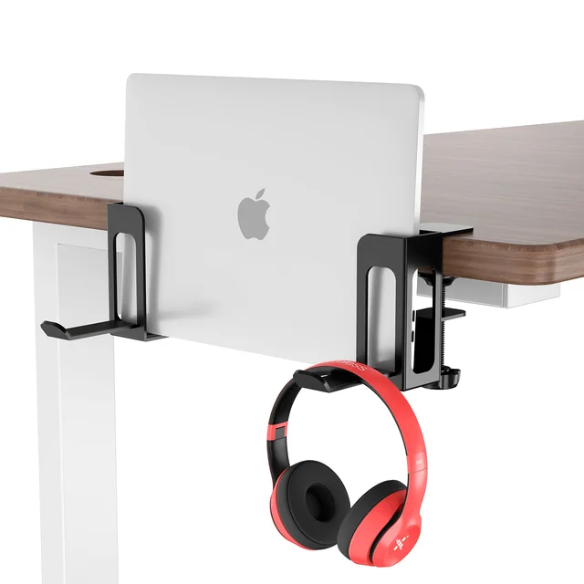 No Drill Metal Desk Side Laptop Mount Hanging Earphone Holder for Office and Home Clamp on Desk Side Storage Office Organizer