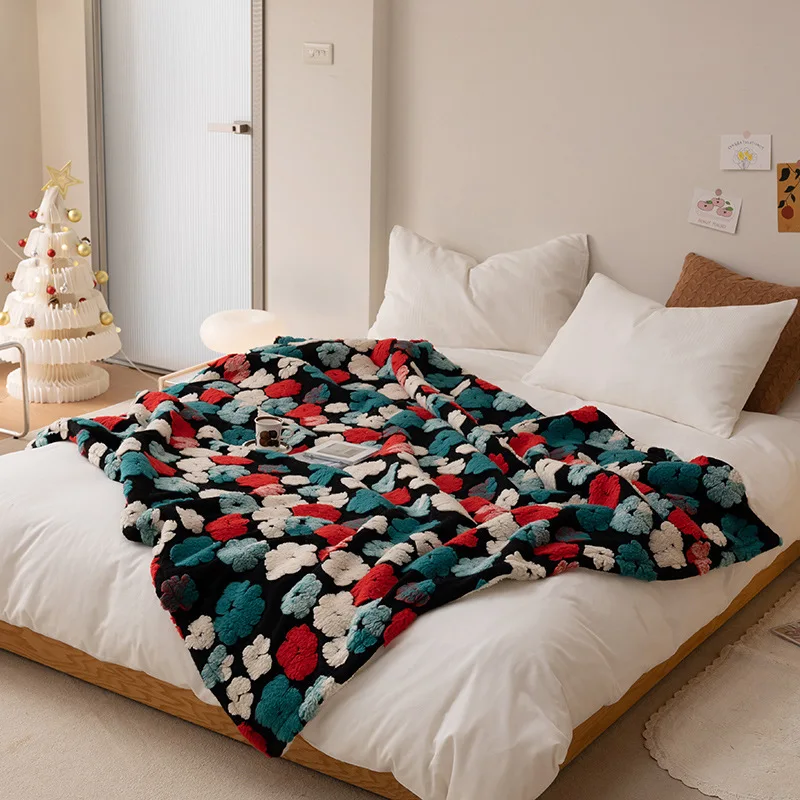 Korean Style Soft New Design Custom Jacquard Flower   Warm  Fleece  Sherpa Bonded Throw Blanket For decoration manufacture