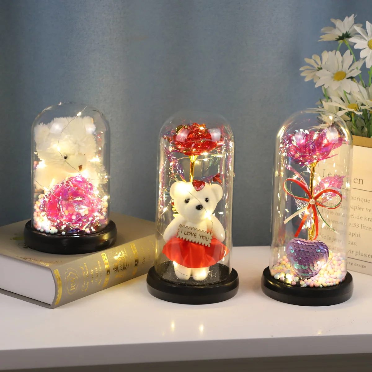 led gift ornament mini display domes glass jar dome rose flower colorful artificial flower gifts for mom