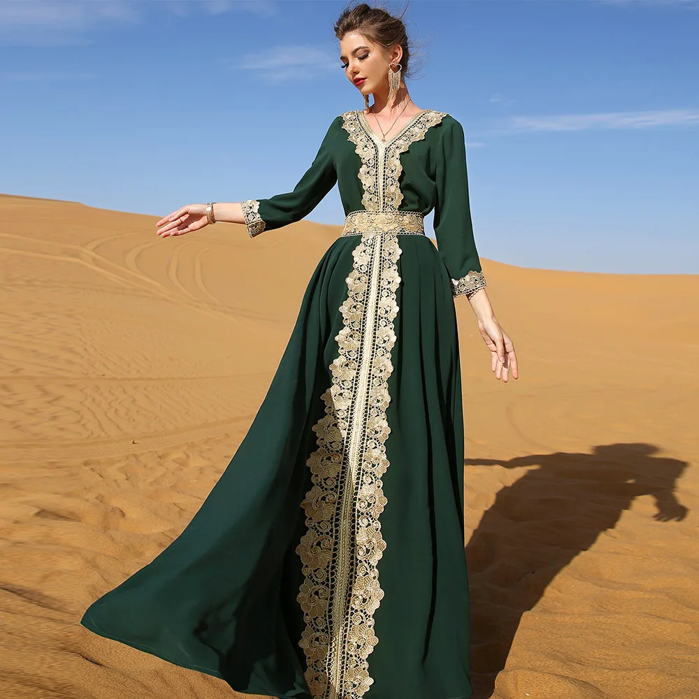middle east dresses ladies Muslim Women Dress Embroidered Lace Maxi Dress Muslim Elegant Retro Kaftan Dubai BLOUSES