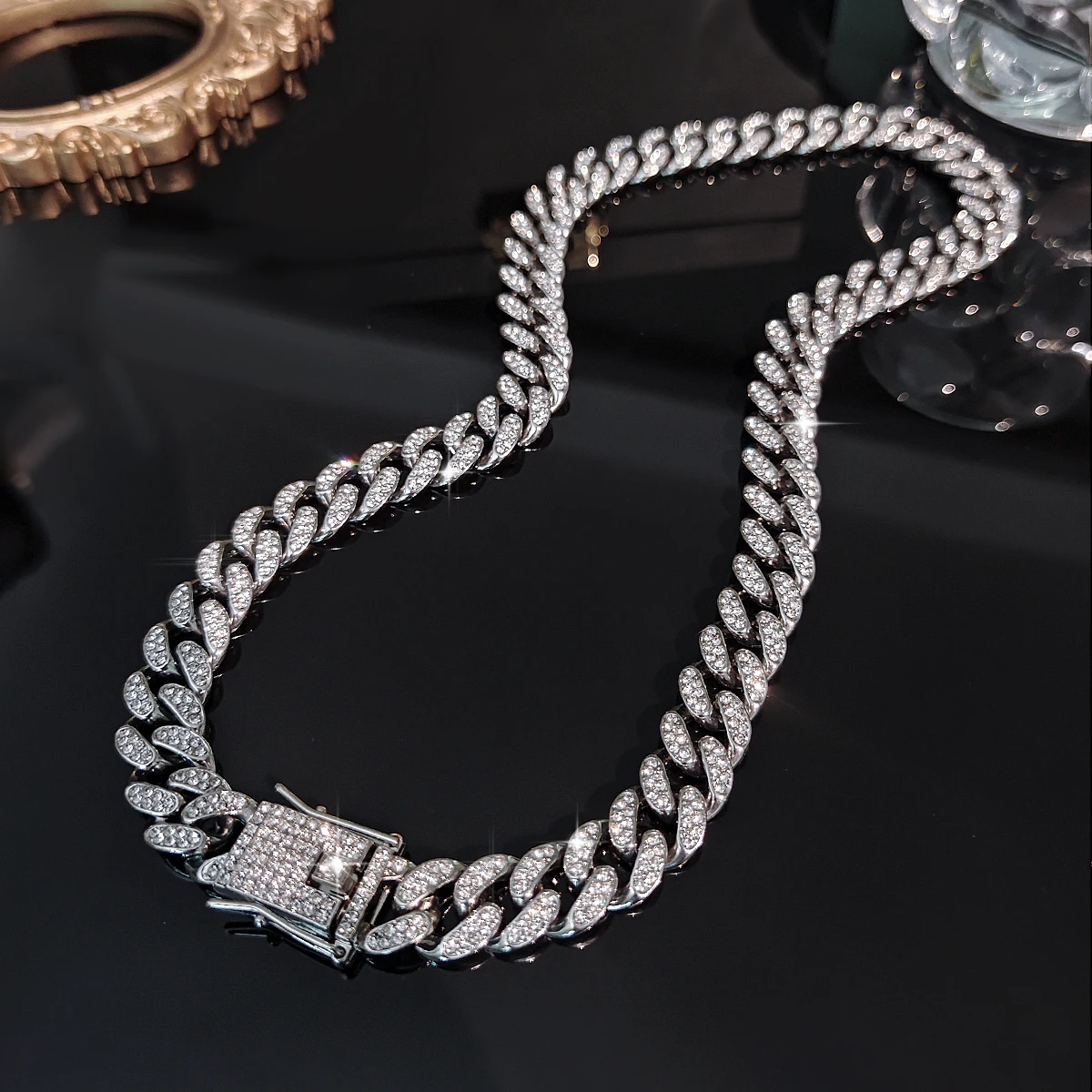 2pcs Ice Out 13MM Rhinestone Cuban Necklace + Bracelet Set