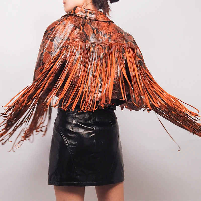 Woman's Faux PU Leather Fringe Jacket with Crocodile Skin Pattern