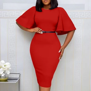 Latest Round Neck Short Ruffles Sleeve Ladies Office Dress Design Elegant Formal Work Dresses for Women