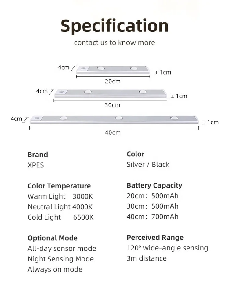 Wholesale Factory Magnet Suction Motion Sensor Light LED 4000K 40cm Indoor USB Wireless Bedroom Bathroom Under Cabinet Lamp