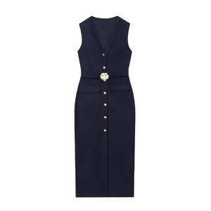 New Design Womens Round Neck Button Slim Fit Sexy Vest Skirt Plaid Dresses