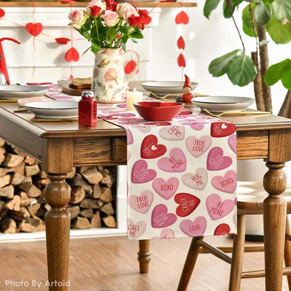 Custom Valentine's Day Red Pink Love Heart Linen Table Runner for ...