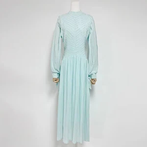 Factory Wholesale Vintage Long Velvet Dress Women Autumn Winter Stand Office Lantern Sleeve Pleated Elegant Ladies Parties