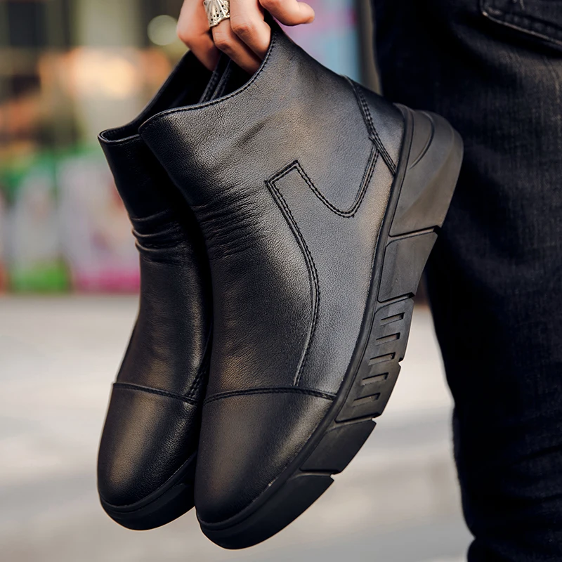 New Style Men's Genuine Leather Boots Fashion High Top Zipper Up Shoes Waterproof Comfortable Casual Walking Driving Shoes