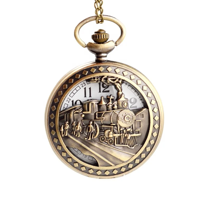 Hollow Train Design Retro Classic Collection Gift Custom Memorial  Nostalgic Flip  Old Vintage Necklace Pocket Watch with Chain