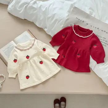Spring and Autumn Baby Dresses INS Baby Girl Princess Dress Strawberry Embroidered Lace Knitted Neck Slim Style Sweet Skirt
