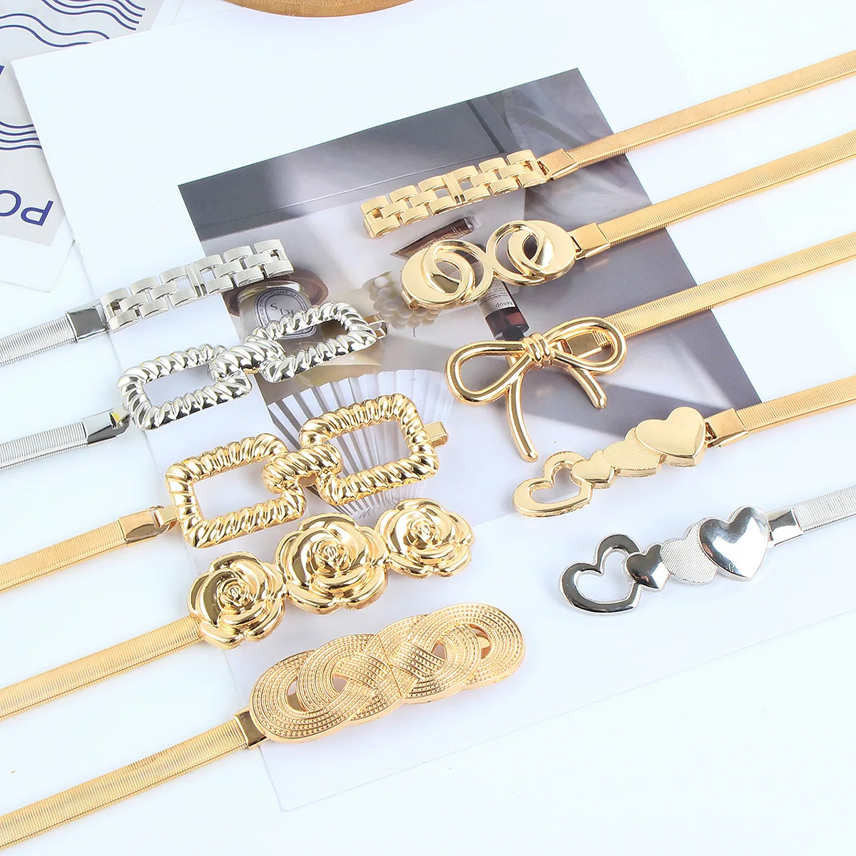 Wholesale Girl Elastic Stretch Waist Belt Flower Leaf Metal Wedding Chain  Belt Rose Golden Elastic Cuff Belt Women