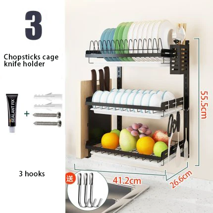  3-Layer Wall Mounted Dish Rack, 201 Stainless Steel Kitchen Drain  Rack, Knife Plate Chopstick Holder, Space-Saving, 55.5*26.6*41.2cm