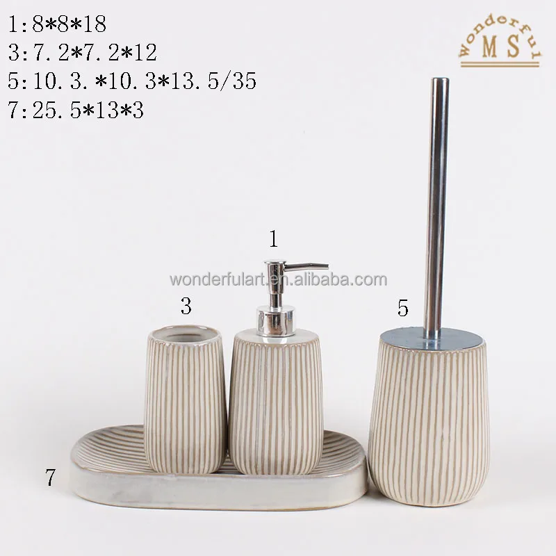 Vertical Stripe Design Ceramic Bathroom Sets 4 Pieces Set Tumbler Soap Dish Lotion Bottle Toilet Brush Sanitary Ware Items